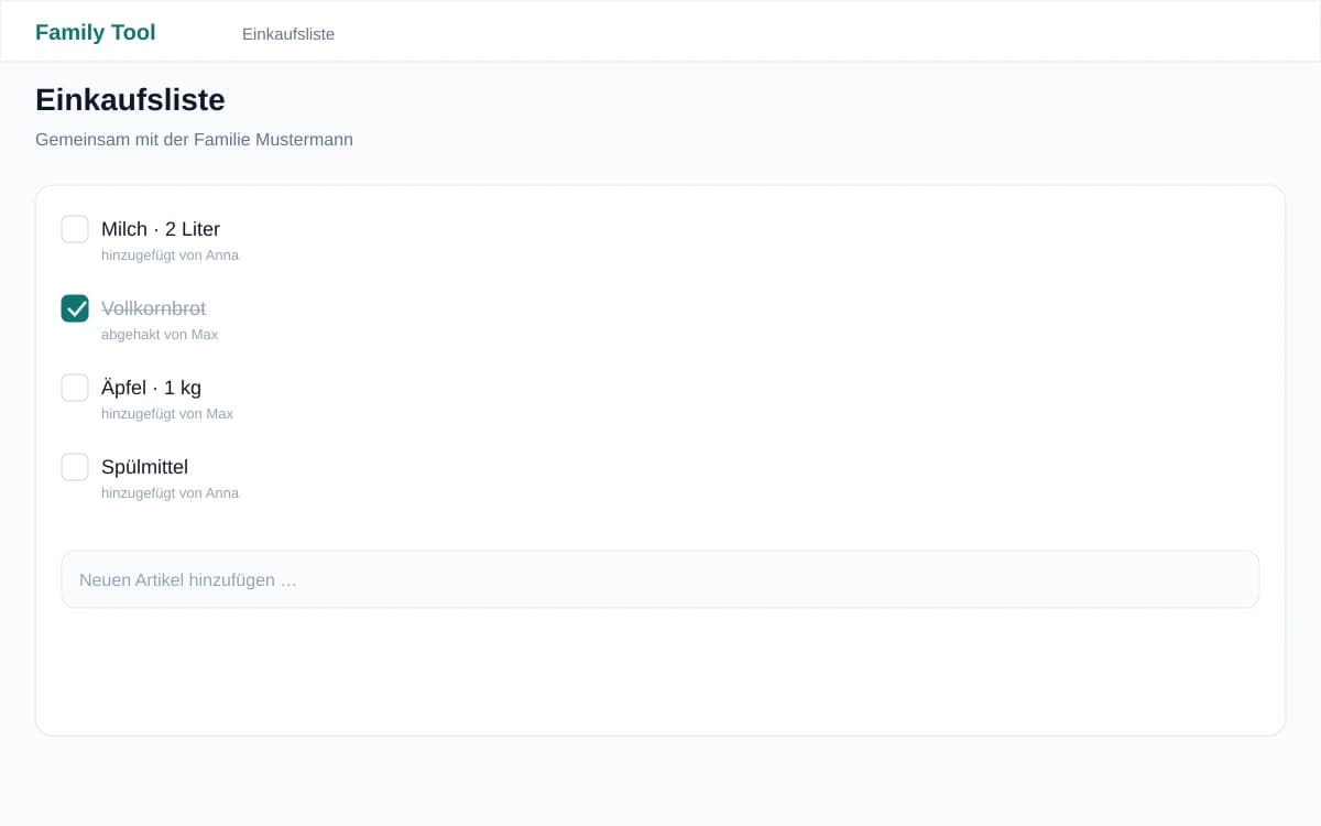 Gemeinsame Einkaufsliste in Family Tool